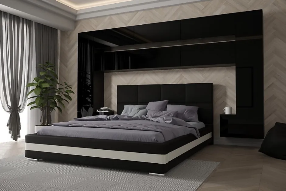 Azura Home Design Tête de lit avec rangement Armoire - pont de lit PANAMA 7/HG/B/1-1C noir/noir brillant 300x213x35cm