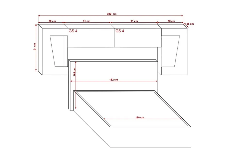 Azura Home Design Tête de lit avec rangement Armoire - pont de lit PANAMA 9/HG/W/1-1A blanc/blanc brillant 282x91x35cm Clearance