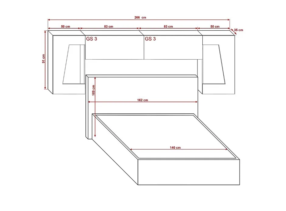 Azura Home Design Tête de lit avec rangement Armoire - pont de lit PANAMA 10HG/W/2-1B blanc/blanc brillant 266x91x35cm Discount