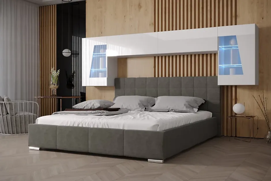 Azura Home Design Tête de lit avec rangement Armoire - pont de lit PANAMA 10HG/W/2-1B blanc/blanc brillant 266x91x35cm Discount