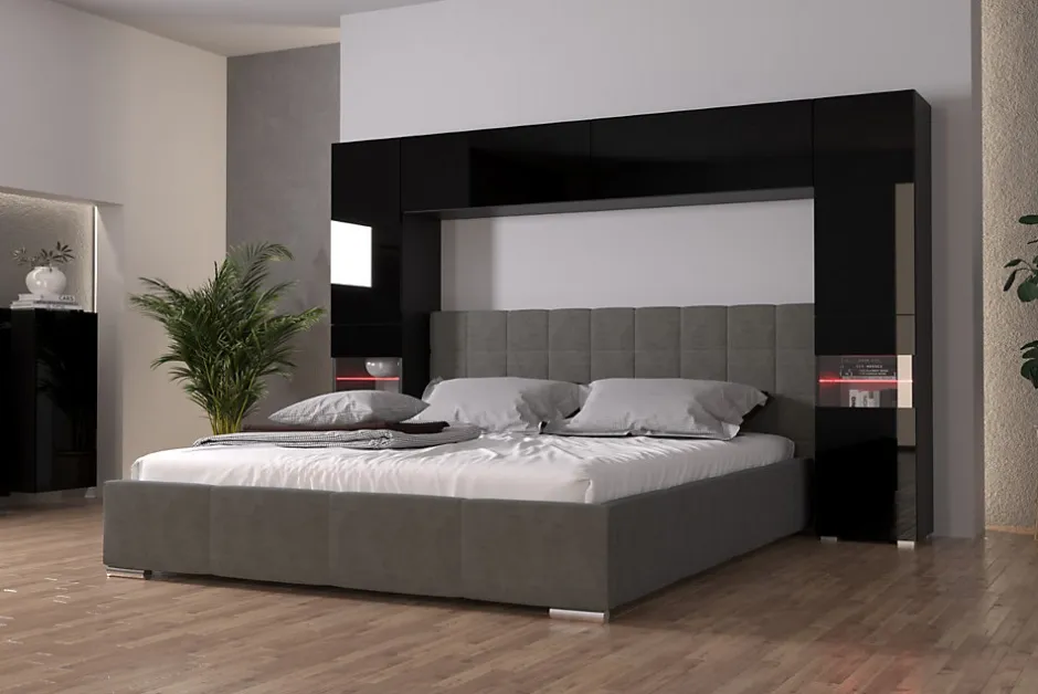 Azura Home Design Tête de lit avec rangement Armoire - pont de lit PANAMA 12/HG/B/1-1B noir/noir brillant 240x184x35cm