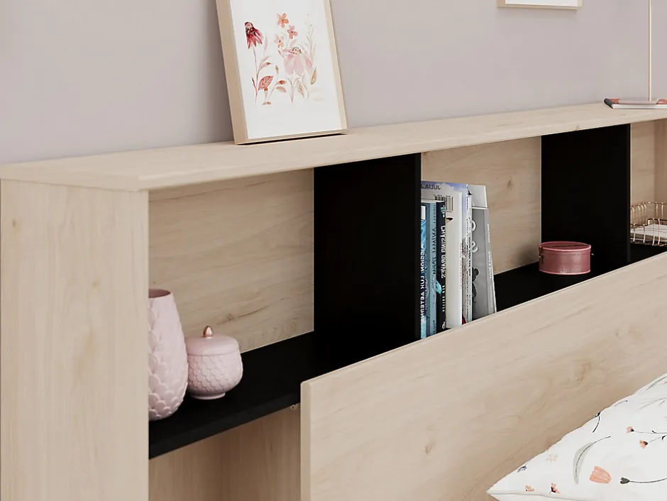 Vente-unique Tête de lit avec rangements 140 cm - Coloris : Naturel et noir - KINSELIA