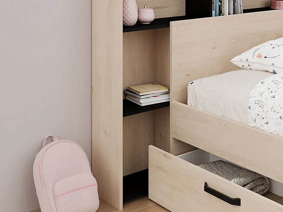 Vente-unique Tête de lit avec rangements 140 cm - Coloris : Naturel et noir - KINSELIA