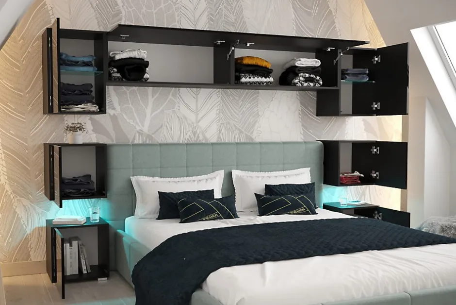 Azura Home Design Tête de lit avec rangement Armoire - pont de lit PANAMA 13/HG/B/1-1B noir/noir brillant 240x182x35cm