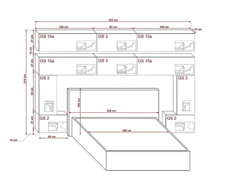 Azura Home Design Tête de lit avec rangement Armoire - pont de lit PANAMA 5/HG/W/2-1A blanc/blanc brillant 323x214x35cm New