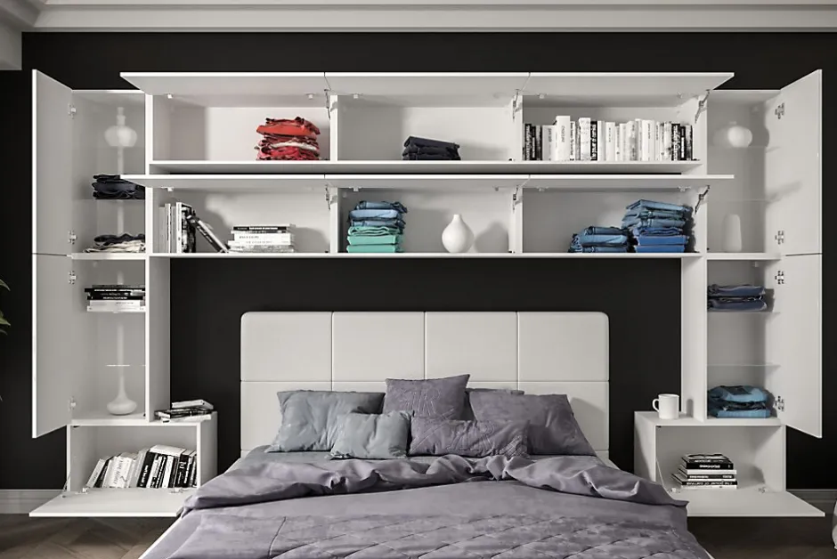 Azura Home Design Tête de lit avec rangement Armoire - pont de lit PANAMA 7/HG/W/2-1A blanc/blanc brillant 323x213x35cm
