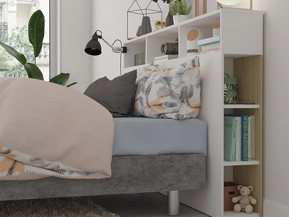 Vente-unique Tête de lit avec rangements NASTIA - 160 cm - Blanc et chêne