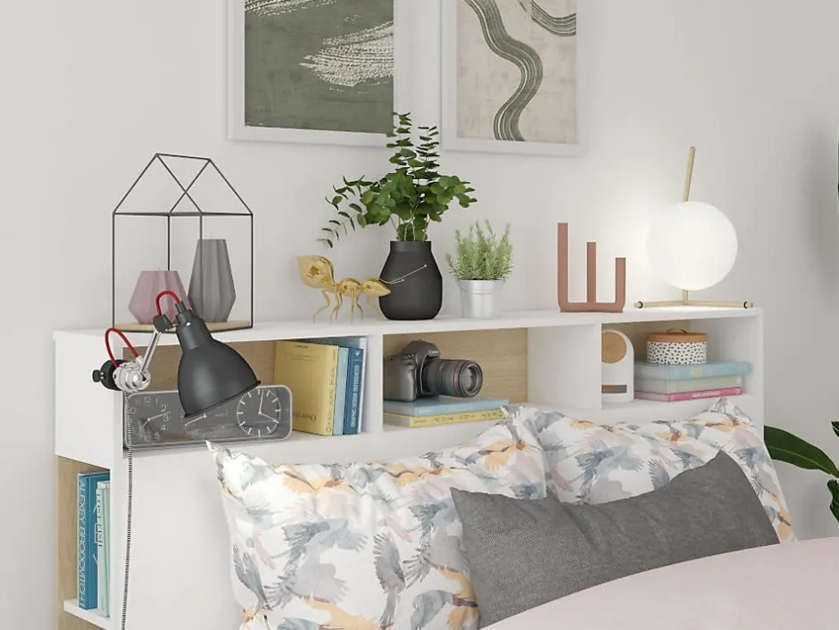 Vente-unique Tête de lit avec rangements NASTIA - 160 cm - Blanc et chêne