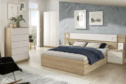 Pegane Tête de lit en mélamine avec 2 chevets coloris chêne canadian blanc artik - Hauteur 95 x Longueur 247 cm x Profondeur 38 cm Discount