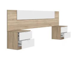 Pegane Tête de lit en mélamine avec 2 chevets coloris chêne canadian blanc artik - Hauteur 95 x Longueur 247 cm x Profondeur 38 cm Discount