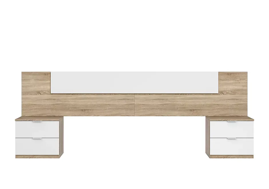 Pegane Tête de lit en mélamine avec 2 chevets coloris chêne canadian blanc artik - Hauteur 95 x Longueur 247 cm x Profondeur 38 cm Discount