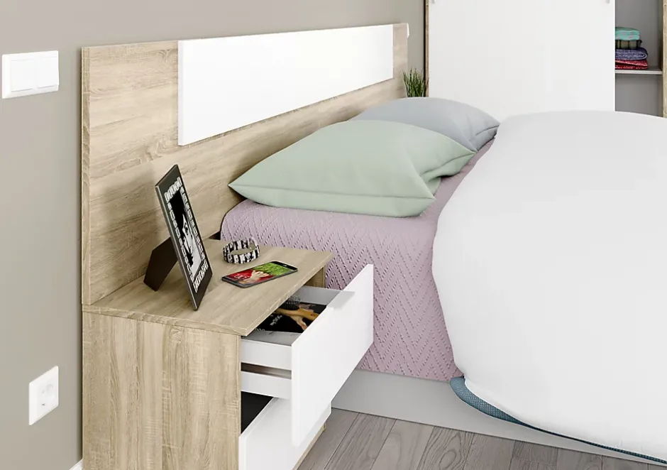 Pegane Tête de lit en mélamine avec 2 chevets coloris chêne canadian blanc artik - Hauteur 95 x Longueur 247 cm x Profondeur 38 cm Discount