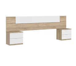 Pegane Tête de lit en mélamine avec 2 chevets coloris chêne canadian blanc artik - Hauteur 95 x Longueur 247 cm x Profondeur 38 cm Discount