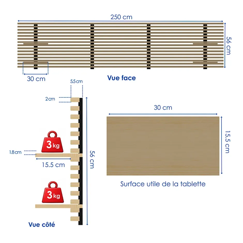 Wood&Sens Tête de lit en pin avec étagères, L.250 x H.56 cm x P.21 cm Online