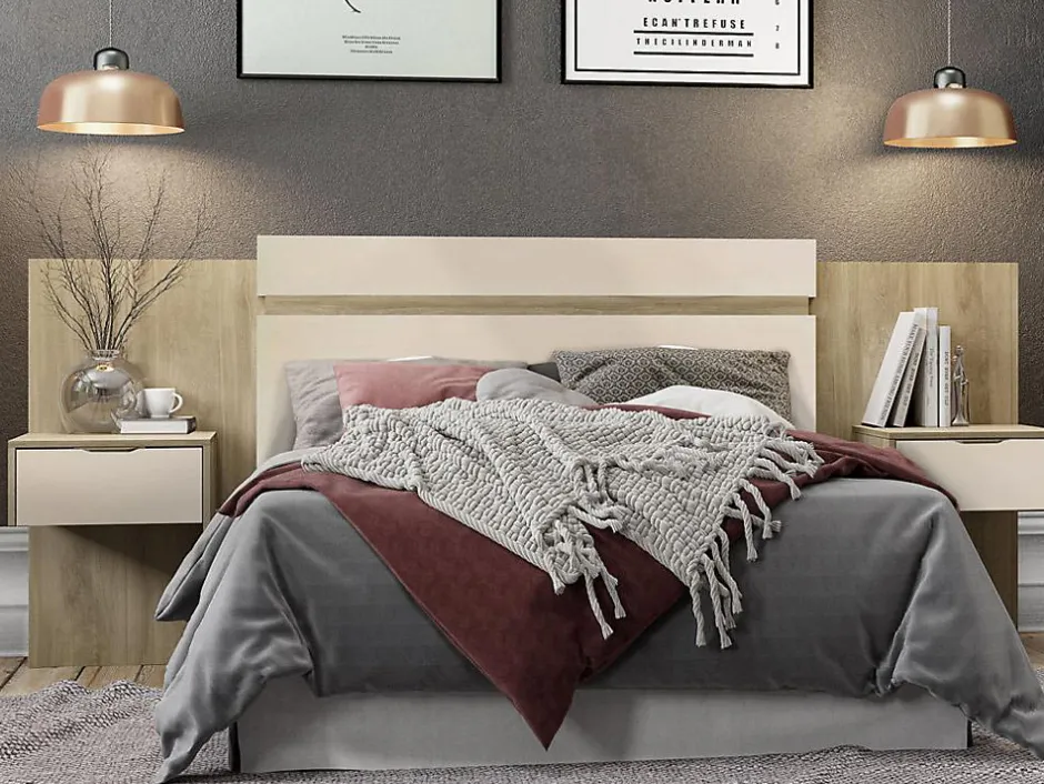 Vente-unique Tête de lit extensible avec chevets - 140/160 cm - Coloris : Naturel et ivoire - PARATI
