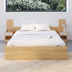 IDMarket Tête de lit sur pied avec chevets modulables SAPA pour lit 140, 160 ou 180 cm bois et blanc Outlet