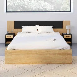 IDMarket Tête de lit sur pied avec chevets modulables SAPA pour lit 140, 160 ou 180 cm bois et noir Best
