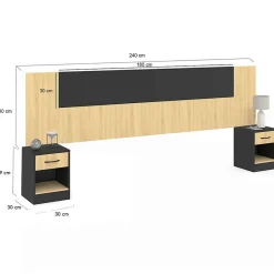 IDMarket Tête de lit sur pied avec chevets modulables SAPA pour lit 140, 160 ou 180 cm bois et noir Best