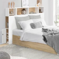 IDMarket Tête de lit sur pied CLEO 145 cm avec rangements fermés et niches blanc et façon hêtre