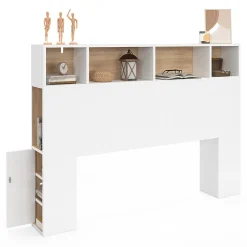IDMarket Tête de lit sur pied CLEO 145 cm avec rangements fermés et niches blanc et façon hêtre