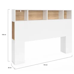 IDMarket Tête de lit sur pied CLEO 145 cm avec rangements fermés et niches blanc et façon hêtre