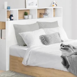 IDMarket Tête de lit sur pied CLEO 145 cm avec rangements fermés et niches blanc et façon hêtre