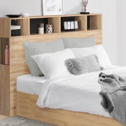 IDMarket Tête de lit sur pied CLEO 165 cm avec rangements fermés et niches façon hêtre et noir Hot