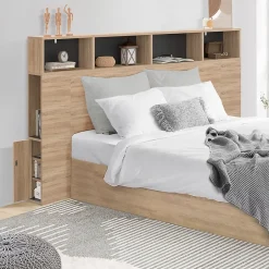IDMarket Tête de lit sur pied CLEO 165 cm avec rangements fermés et niches façon hêtre et noir Hot