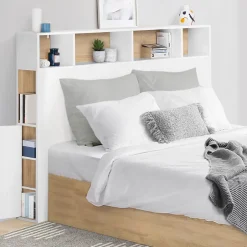 IDMarket Tête de lit sur pied CLEO 165 cm avec rangements fermés et niches blanc et façon hêtre Hot