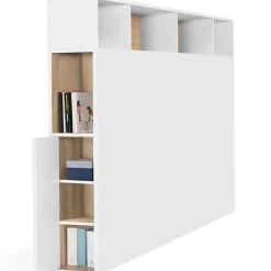 IDMarket Tête de lit sur pied CLEO 165 cm avec rangements fermés et niches blanc et façon hêtre Hot