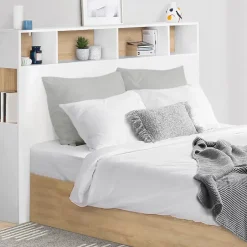 IDMarket Tête de lit sur pied CLEO 165 cm avec rangements fermés et niches blanc et façon hêtre Hot