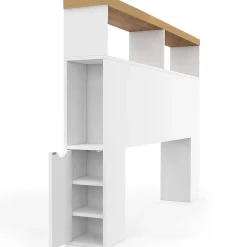 IDMarket Tête de lit sur pied LUNA à LEDS 145 cm avec rangements fermés et niches blanc et plateau effet bois Outlet
