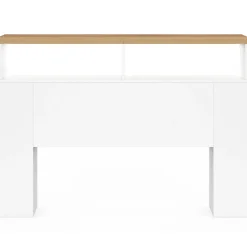 IDMarket Tête de lit sur pied LUNA à LEDS 145 cm avec rangements fermés et niches blanc et plateau effet bois Outlet