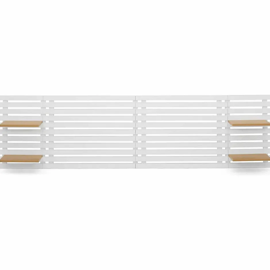 IDMarket Tête de lit suspendue en lattes AVA 240 cm bois blanc et étagères façon hêtre