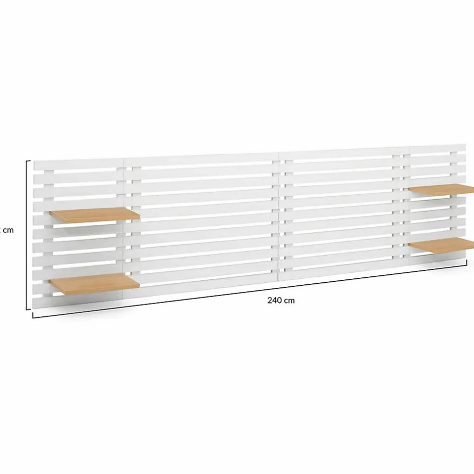 IDMarket Tête de lit suspendue en lattes AVA 240 cm bois blanc et étagères façon hêtre