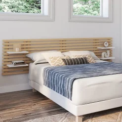 IDMarket Tête de lit suspendue en lattes AVA 240 cm bois clair et étagères blanches Hot