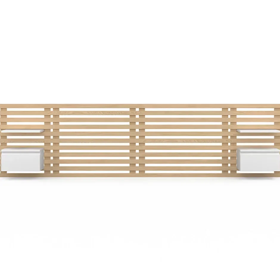 IDMarket Tête de lit suspendue en lattes AVA 240 cm avec chevets + tiroir façon bois clair et blanc Hot