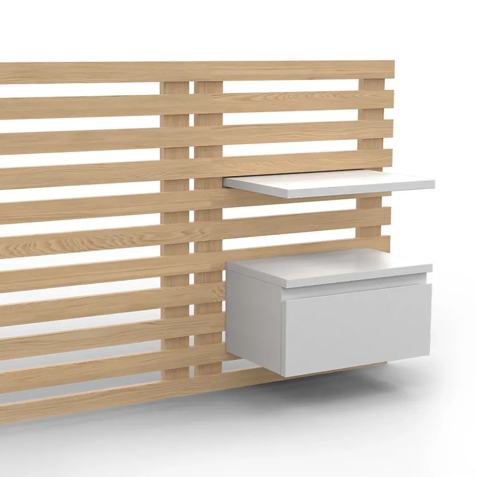 IDMarket Tête de lit suspendue en lattes AVA 240 cm avec chevets + tiroir façon bois clair et blanc Hot
