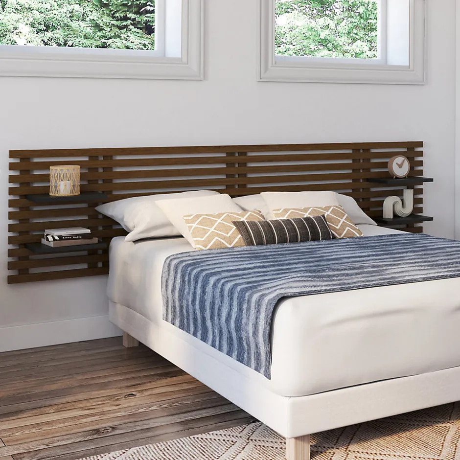 IDMarket Tête de lit suspendue en lattes AVA 240 cm bois vieilli et étagères noires