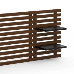 IDMarket Tête de lit suspendue en lattes AVA 240 cm bois vieilli et étagères noires