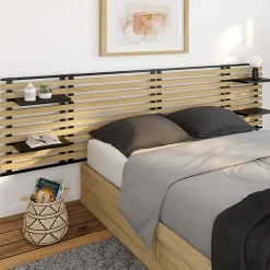 IDMarket Tête de lit suspendue en lattes DETROIT 240 cm bois et métal noir avec étagères design industriel Hot