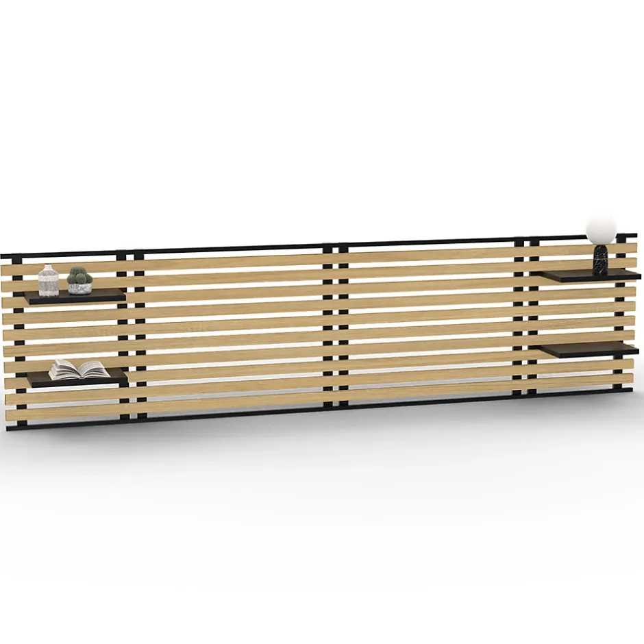 IDMarket Tête de lit suspendue en lattes DETROIT 240 cm bois et métal noir avec étagères design industriel Hot