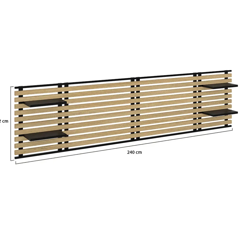 IDMarket Tête de lit suspendue en lattes DETROIT 240 cm bois et métal noir avec étagères design industriel Hot