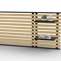 IDMarket Tête de lit suspendue en lattes DETROIT 240 cm bois et métal noir avec étagères design industriel Hot