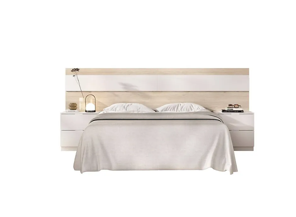 Dmora Tête du lit Trudy, Tête de lit, Tête de lit pour la chambre, Appui-tête, 248x34 h96 cm, Chêne clair et Blanc