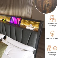 Urban Meuble Lit double tissu gris avec éclairage LED et rangement 140x200cm Online