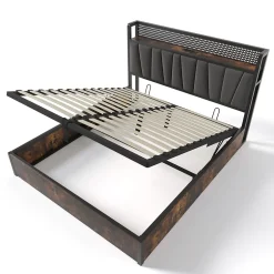 Urban Meuble Lit double tissu gris avec éclairage LED et rangement 140x200cm Online