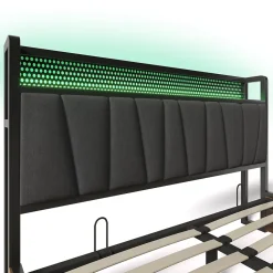 Urban Meuble Lit double tissu gris avec éclairage LED et rangement 140x200cm Online