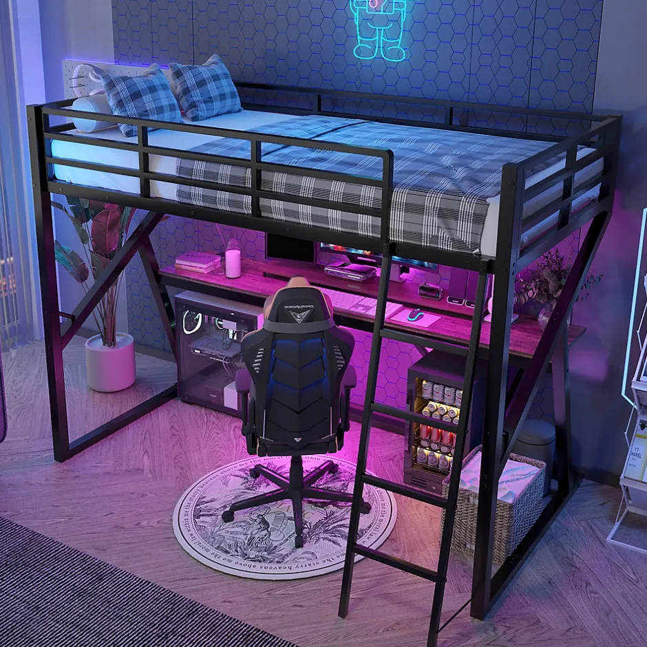 Urban Meuble Lit superposé métallique enfant noir avec LED, bureau intégré