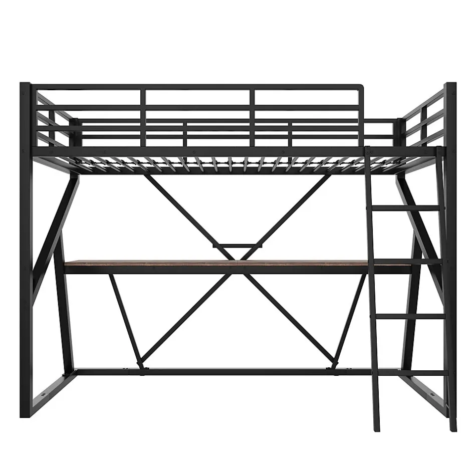 Urban Meuble Lit superposé métallique enfant noir avec LED, bureau intégré